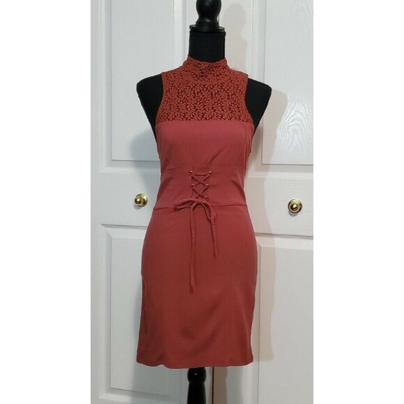 NWT Free People Women’s S Rust Pencil Mini Dress Lace Neck Open Back Bodycon - Picture 1 of 7